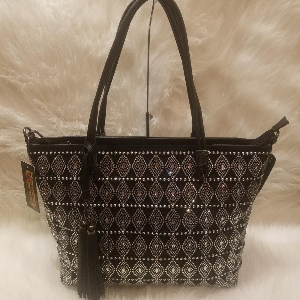BLACK RHINESTONE PATTERNED HANDBAG